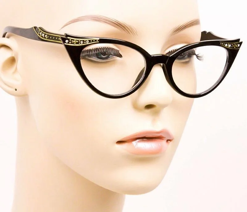 Slim Cat Eye BLACK Clear Crystals Sexy RETRO PInUP WaYfe Eyeglasses Frames 1317